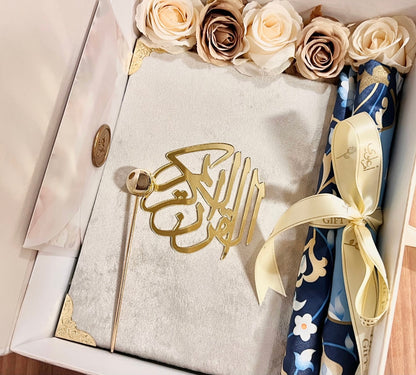 A Gift of Sacred Knowledge - Velvet Quran in Silver & Satin Prayer Mat