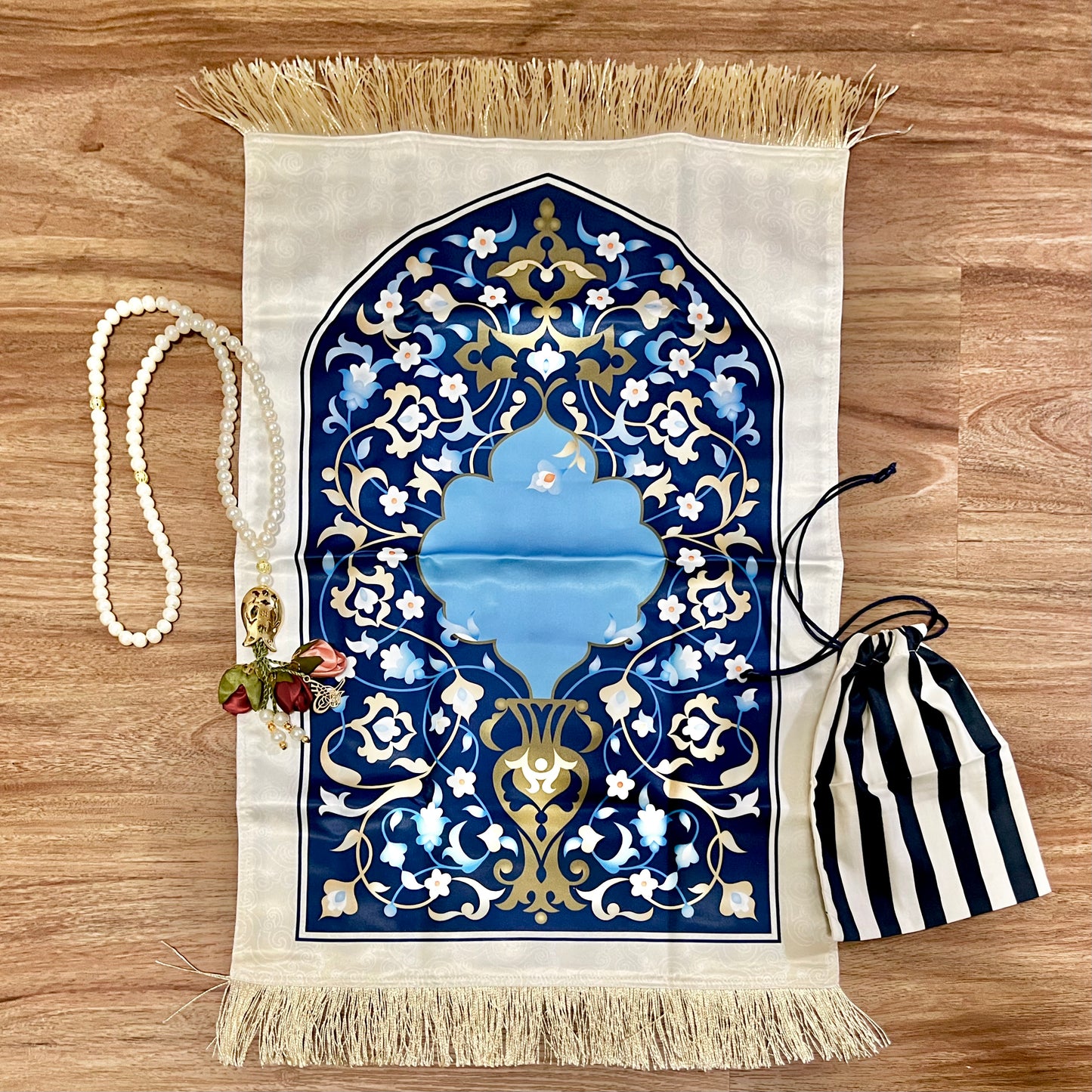 A Gift of Sacred Knowledge - Velvet Quran in Silver & Satin Prayer Mat