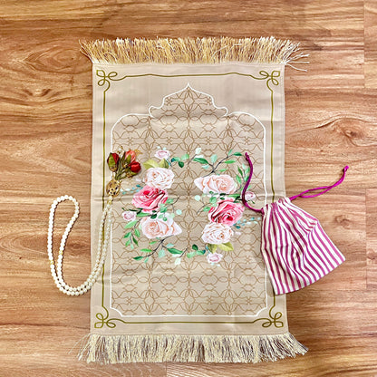 A Gift of Sacred Knowledge - Velvet Quran in Soft Berry (Arabic-English) & Satin Prayer Mat