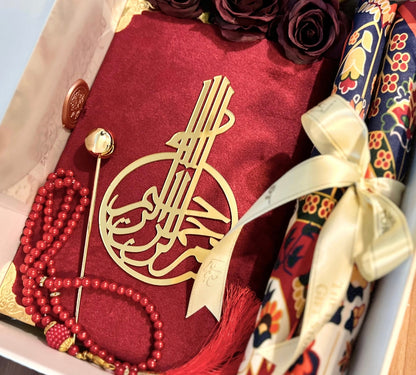 A Gift of Sacred Knowledge - Velvet Quran in Red (Arabic-English) & Satin Prayer Mat