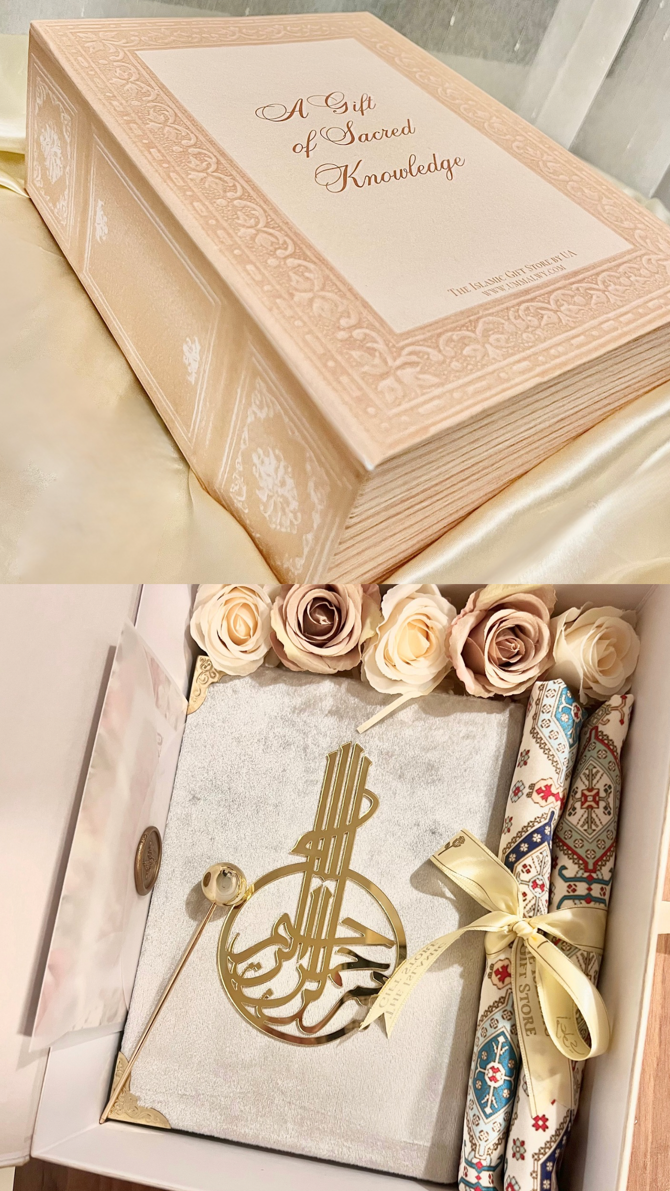 A Gift of Sacred Knowledge - Velvet Quran in Silver & Satin Prayer Mat