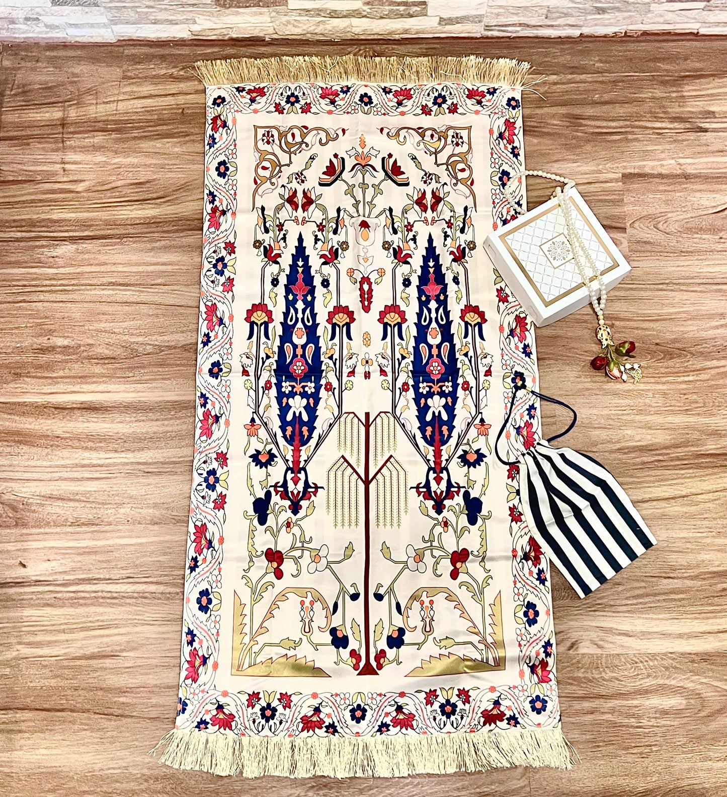 A Gift of Sacred Knowledge - Velvet Quran in Navy (Arabic-Malay) & Satin Prayer Mat