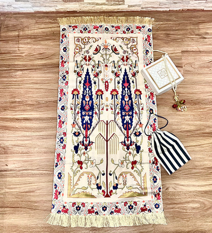 A Gift of Sacred Knowledge - Velvet Quran in Navy (Arabic-Malay) & Satin Prayer Mat