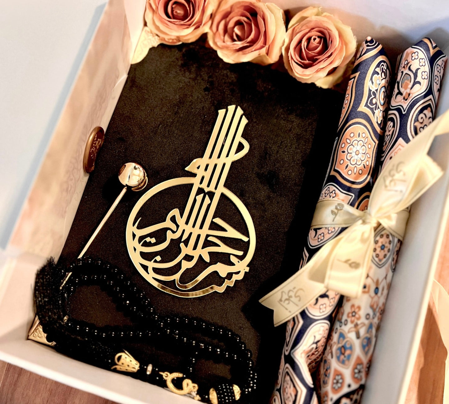 A Gift of Sacred Knowledge - Velvet Quran in Black (Arabic-Malay-Rumi) & Satin Prayer Mat