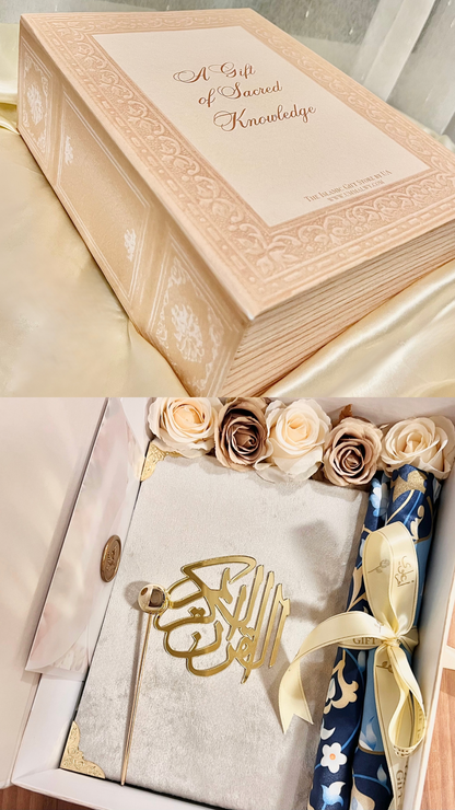 A Gift of Sacred Knowledge - Velvet Quran in Silver & Satin Prayer Mat