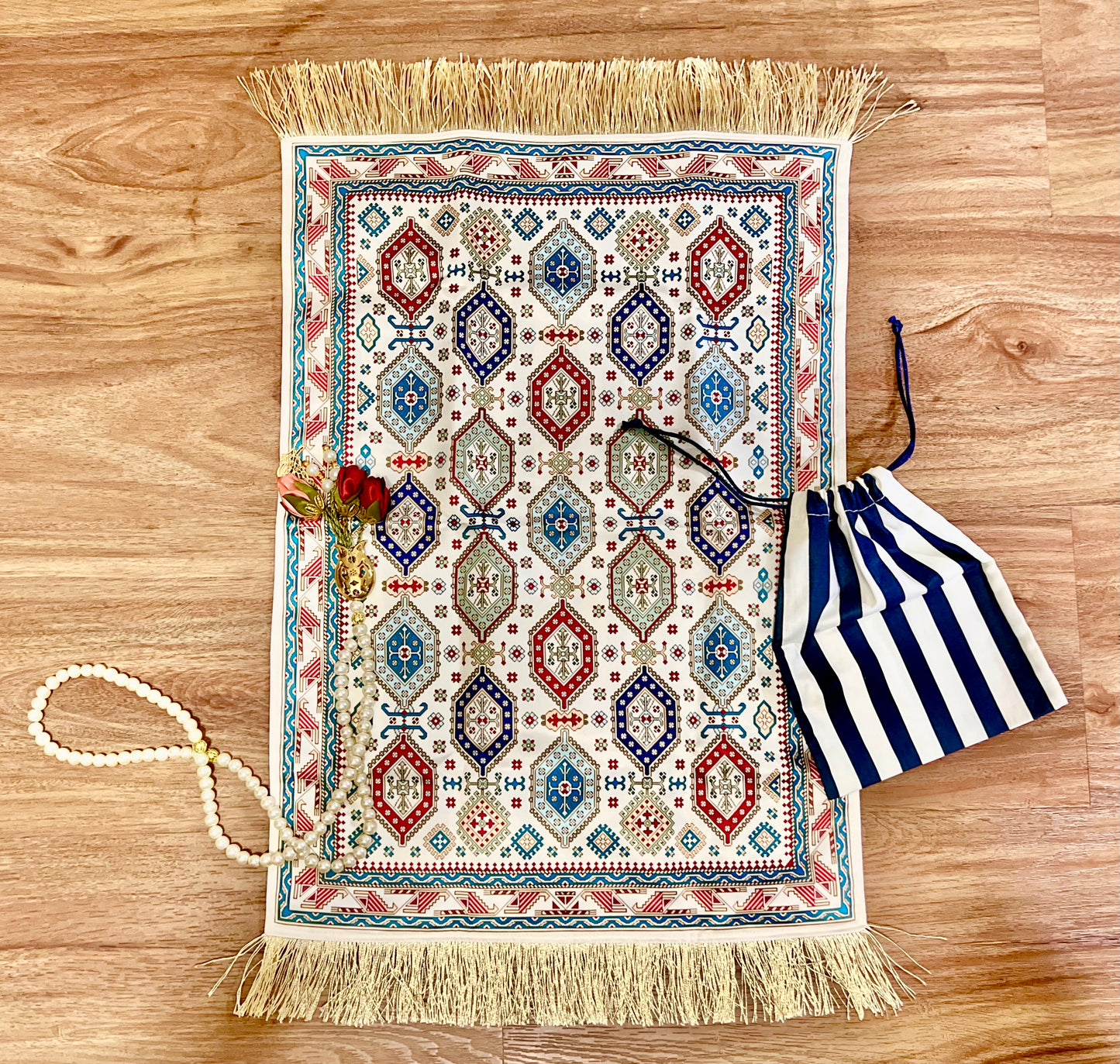 A Gift of Sacred Knowledge - Velvet Quran in Silver & Satin Prayer Mat