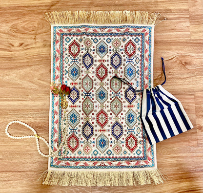 A Gift of Sacred Knowledge - Velvet Quran in Silver & Satin Prayer Mat