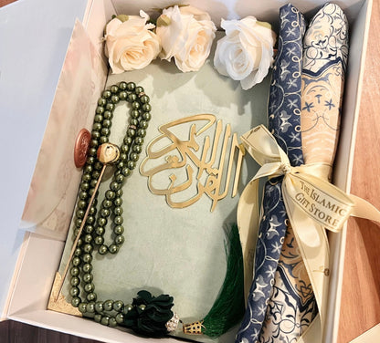A Gift of Sacred Knowledge - Velvet Quran in Mint (Arabic-English) & Satin Prayer Mat