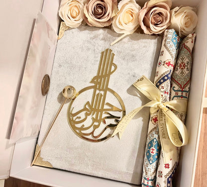 A Gift of Sacred Knowledge - Velvet Quran in Silver & Satin Prayer Mat